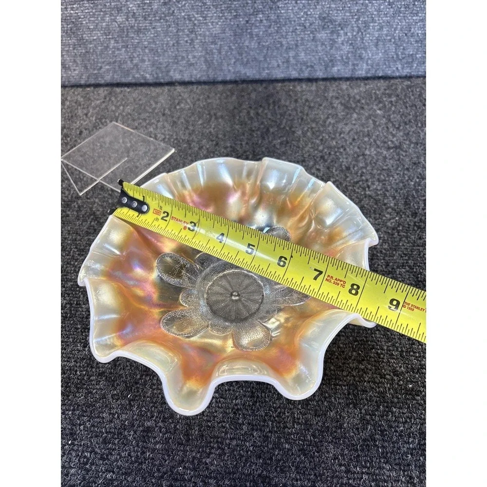 Vtg~Carnival Glass~Dugan Clear Glass Peach Opalescent Bowl w Leaf Pedestal